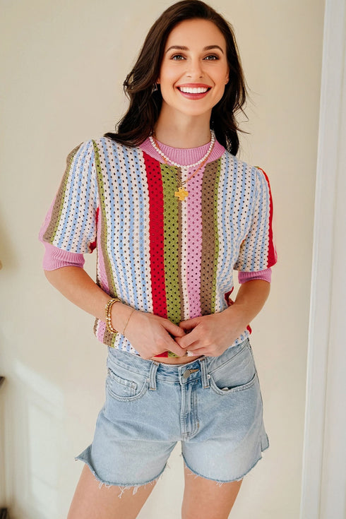 Multicolour Striped Pointelle Knit Short Sleeve Sweater