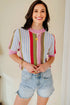 Multicolour Striped Pointelle Knit Short Sleeve Sweater