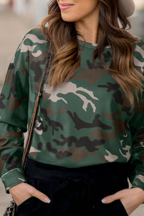 Green Camouflage Print Textured Drop Shoulder Long Sleeve Top