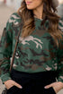 Green Camouflage Print Textured Drop Shoulder Long Sleeve Top
