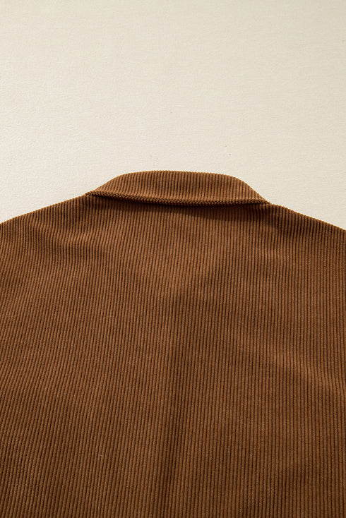 Camel Corduroy Full Buttoned Collared Shirt Style Plus Size Dress