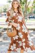 Brown Floral Print Shirt Collar V Neck 3/4 Sleeve Shift Midi Dress