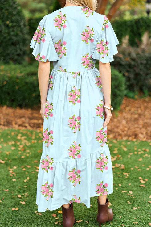 Sky Blue Notched Neck Flutter Short Sleeve Floral Print Maxi Dress