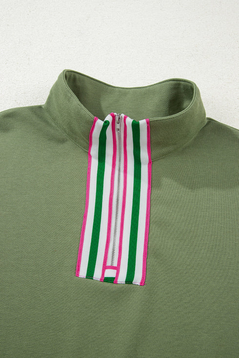 Vineyard Green Contrast Striped Patchwork Zip Collar Pullover Sweatshirt