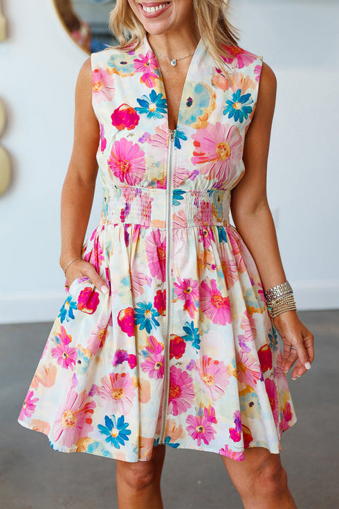 Pink Adorable Floral Print V Neck Zip Up Smocked Waist Flared Mini Dress