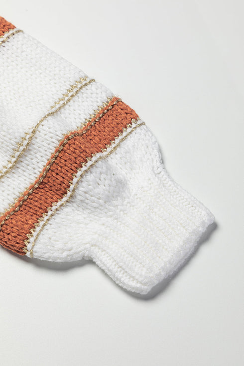 white-striped-knit-puff-sleeve-casual-sweater