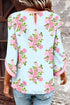 Sky Blue Floral Print Button Cuffed 3/4 Sleeve Round Neck Blouse