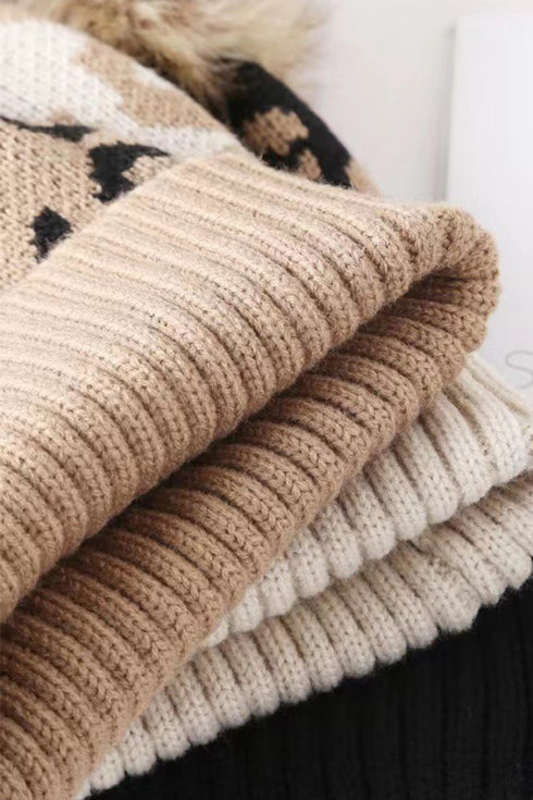 Light French Beige Faux Fur Pompom Leopard Knit Beanie