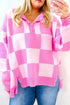 Pink Plus Size Checkered Collared Half Button Sweater