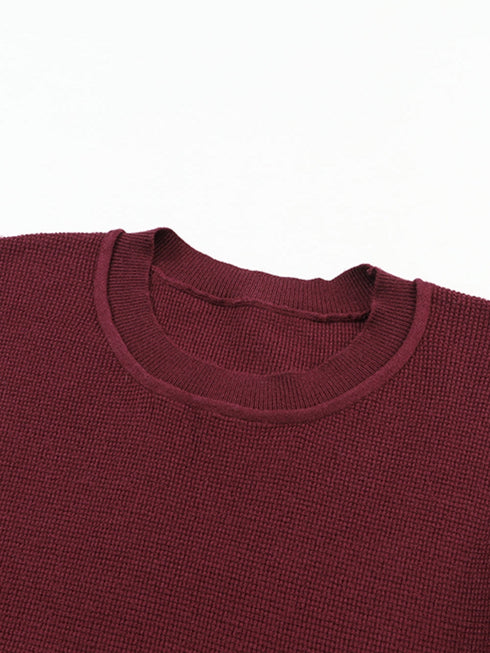 red-striped-sleeve-plain-knit-sweater