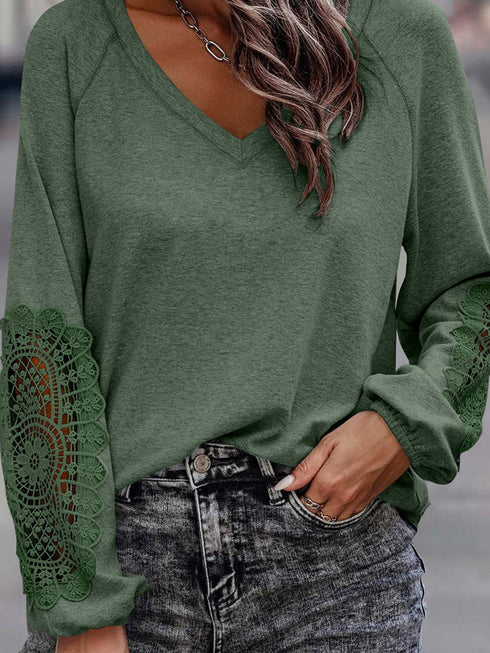 womens-t-shirts-solid-color-pullover-v-neck-lantern-sleeve-t-shirt