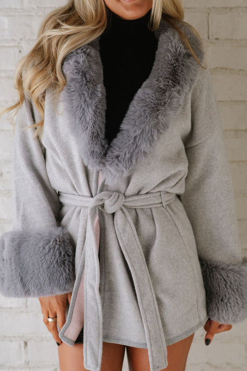 Light Grey Plus Collar Cuff Patchwork Open Front Belted Overcoat