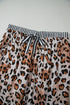 Khaki Plus Leopard Print Contrast Piping Striped Patchwork 2pcs Long Pajama Set