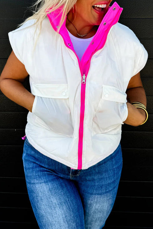White Color Block Liner Patchwork Snap Button Zip Up Winter Vest