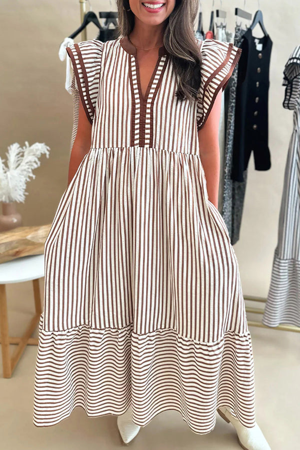 Brown Stripe Double Ruffled Short Sleeve Contrast Trim V Neck Midi Dress
