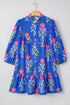 Blue Floral Print Button Detail 3/4 Puff Sleeve Ruffle Hem Dress