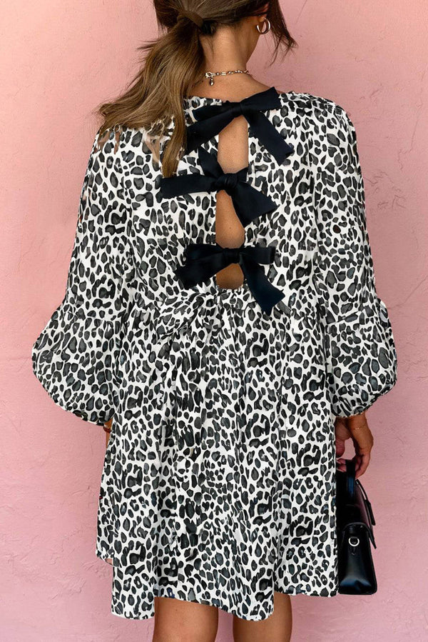 Black Bow Back Detail Leopard Print Long Puff Sleeve Mini Dress