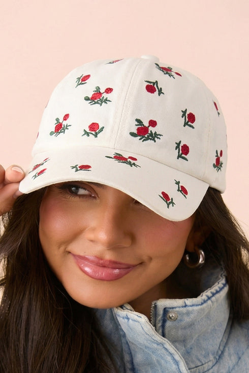 White Rose Flower Embroidered Baseball Cap