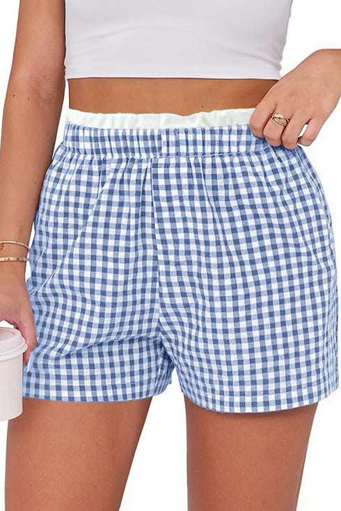 Sky Blue Contrast Trim Plaid Print Plus Size Shorts