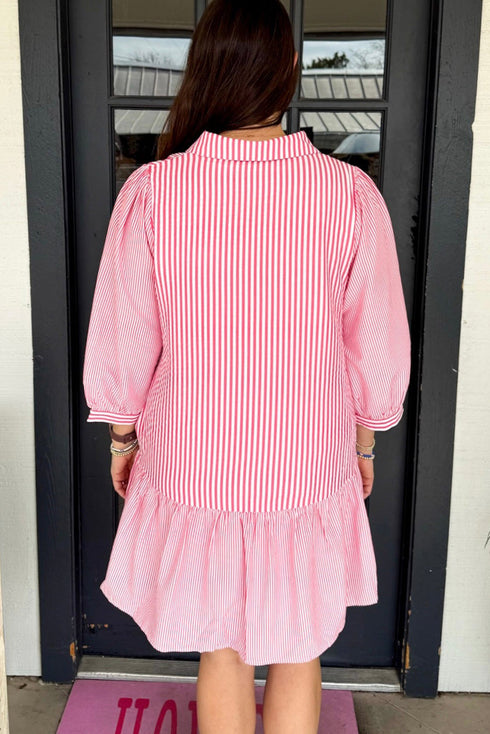 Pink Stripe Long Sleeve Button Front Ruffled Hem Plus Size Mini Shirt Dress