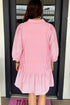 Pink Stripe Long Sleeve Button Front Ruffled Hem Plus Size Mini Shirt Dress