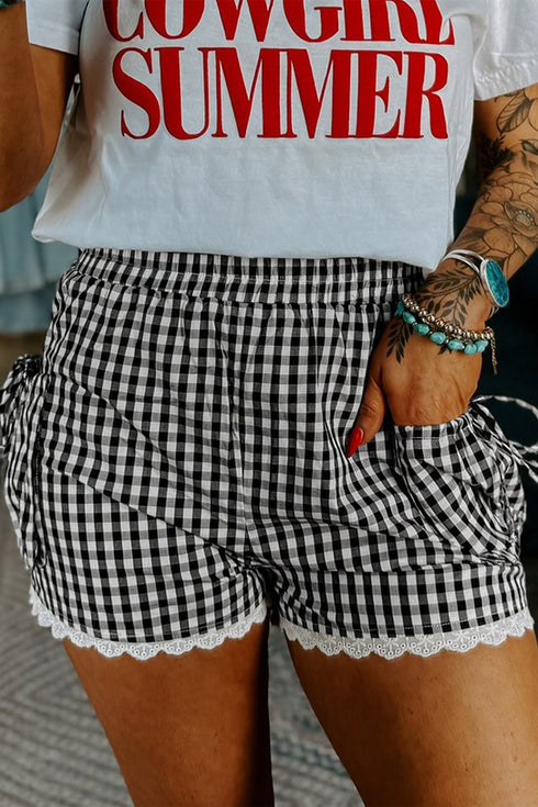 Black Gingham Lace Trim Shorts with Pouch Pockets