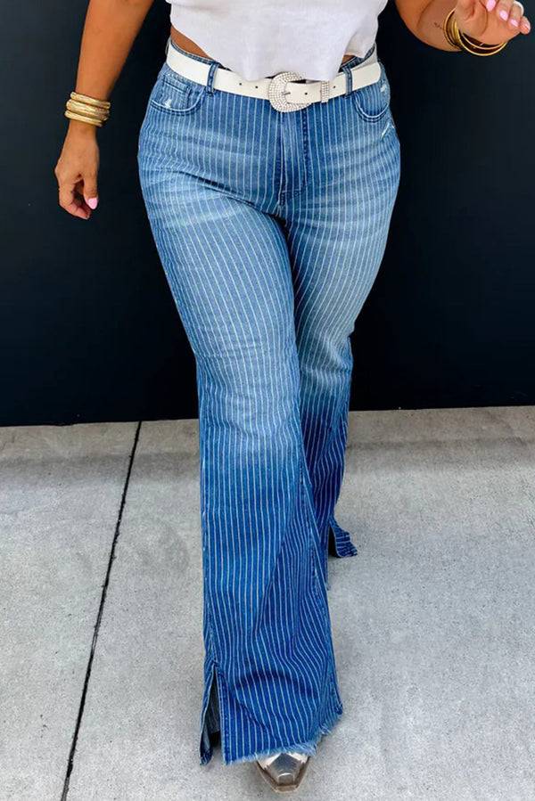 Sky Blue Stripe Raw Hem Split Leg Flared Jeans