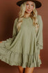 Laurel Green Jacquard Frilled Ruffled Long Sleeve Mini Dress