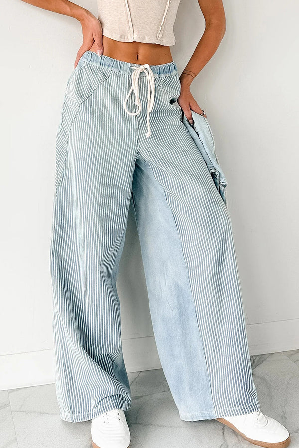 Sky Blue Stripe Contrast Drawstring Wide Leg Patchwork Jeans