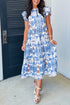 Sky Blue Tropical Botanic Print Flutter Sleeve Vacation Long Dress