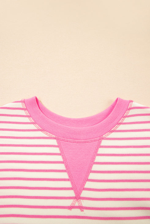 Sachet Pink Contrast Detail Striped Ruffle Short Sleeve Top