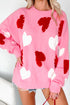 Pink Pearl Embellished Heart Pattern Valentines Day Sweater