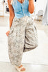 Gray Leopard Print Pleated Pockets Drawstring Barrel Jeans
