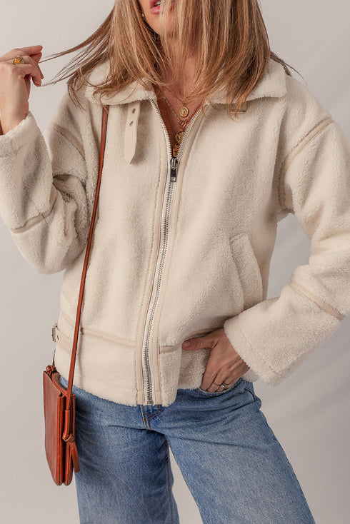 Beige Buckle Collar Detail Zip Up Fleece Jacket