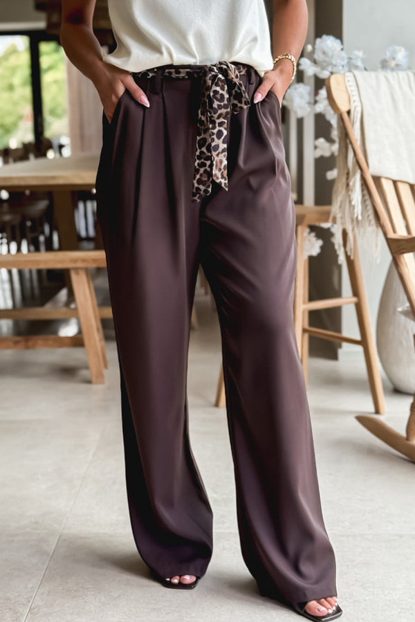 Dark Brown Solid Color Pleated Detail Pocketed Straight Leg Pants