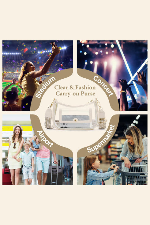Beige PU Leather Clear PVC Patchwork Single Shoulder Stadium Bag