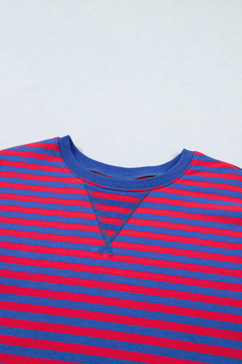 Navy Stripe Striped Ribbed Cotton Two-Piece Short Set with Chest Patch Detail