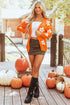 Orange Floral Print Knitted Open Front Loose Cardigan