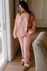 Apricot Pink Exposed Seam Drop Shoulder Pullover Drawstring Pants Lounge 2pcs Set