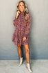 Red Floral Print Long Sleeve Shirred High Neck Loose Mini Dress