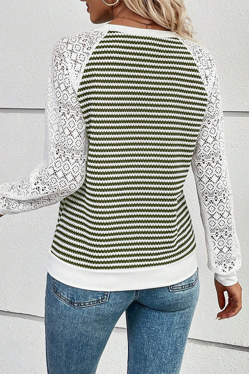 Green Stripe Textured Knit Contrast Hollowed Lace Patchwork Long Sleeve Top