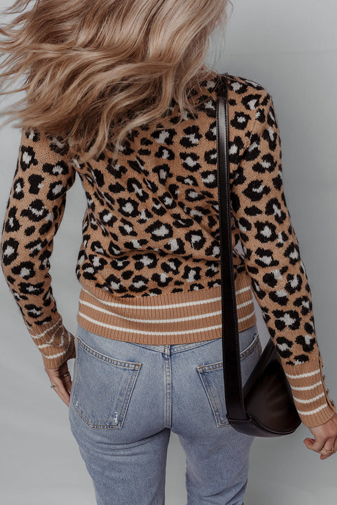 Brown Leopard Print Buttoned Sleeve Contrast Striped Edge Sweater