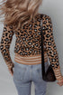 Brown Leopard Print Buttoned Sleeve Contrast Striped Edge Sweater