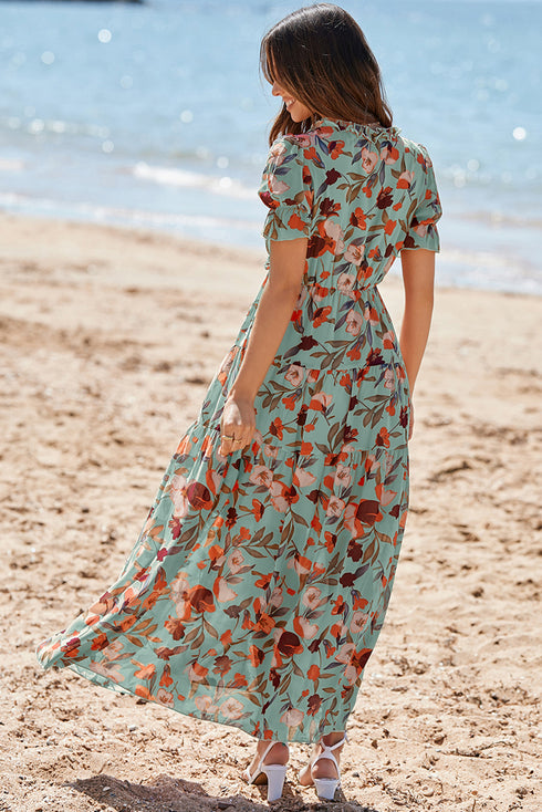 Green Fiery Floral Print Frilled V Neck Short Sleeve Maxi Dress