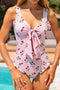 Pink Plaid Cherry Print Bow Knot Ruffle Trim One Piece Swimsuit