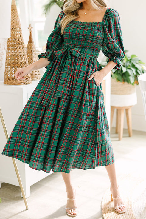Green Tartan Plaid Square Neck Puff Sleeve Knot Waist Flared Midi Dress