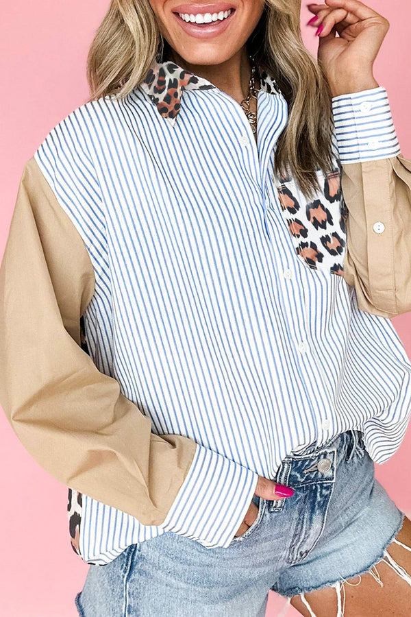 Sky Blue Stripe Colorblock Leopard Patchwork Chest Pocket Cuffed Sleeve Shirt