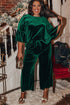 Blackish Green Plus Size Ruffled Half Sleeve Drawstring Pants 2pcs Velvet Outfit