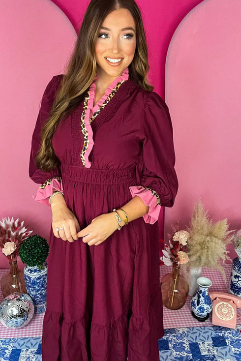 Burgundy Contrast Frilled Trim V Neck 3/4 Ruffled Sleeve Flowy Midi Dress