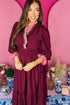 Burgundy Contrast Frilled Trim V Neck 3/4 Ruffled Sleeve Flowy Midi Dress